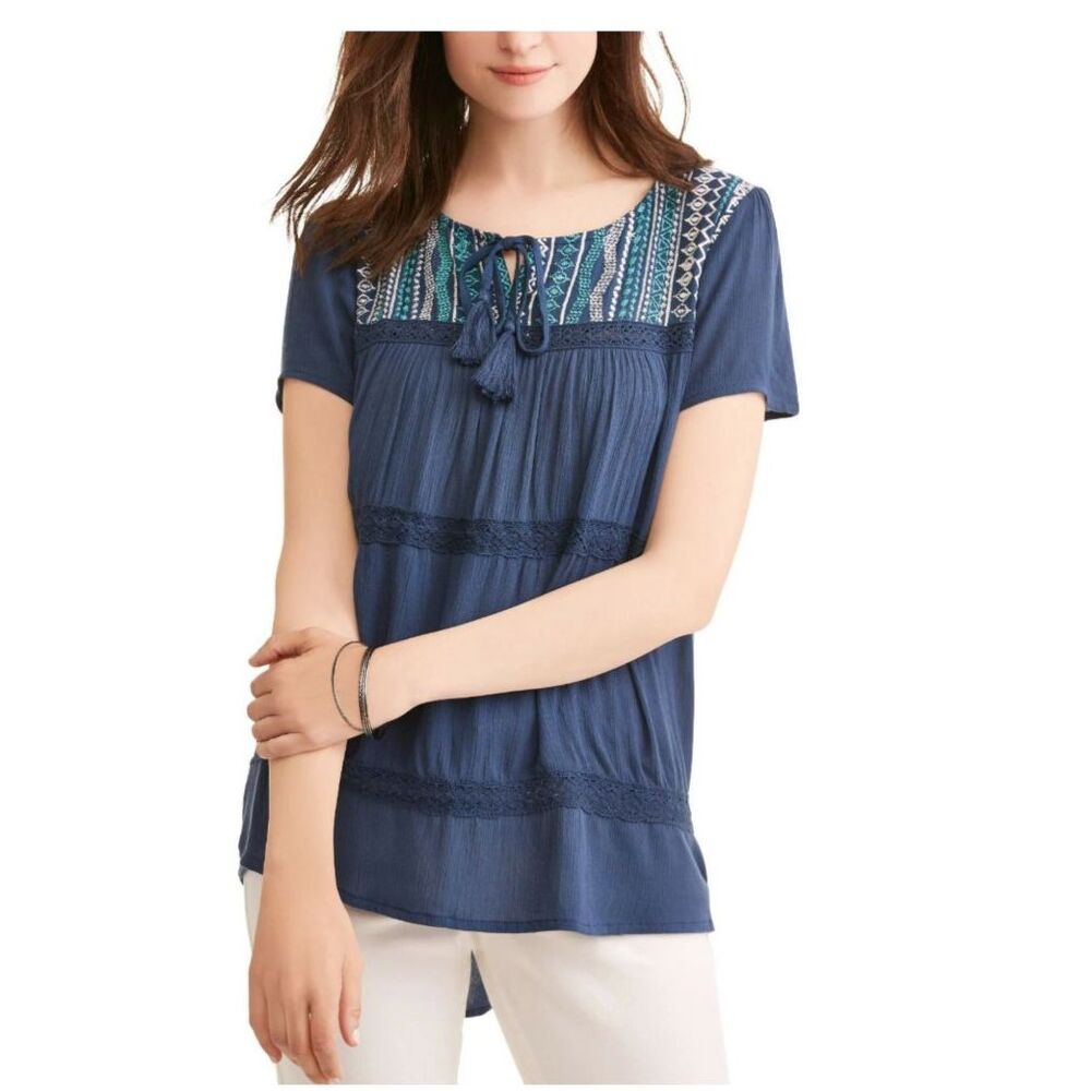 Cherokee Women's Blue Textured Lightweight Tassel Boho Peasant Blouse 2X